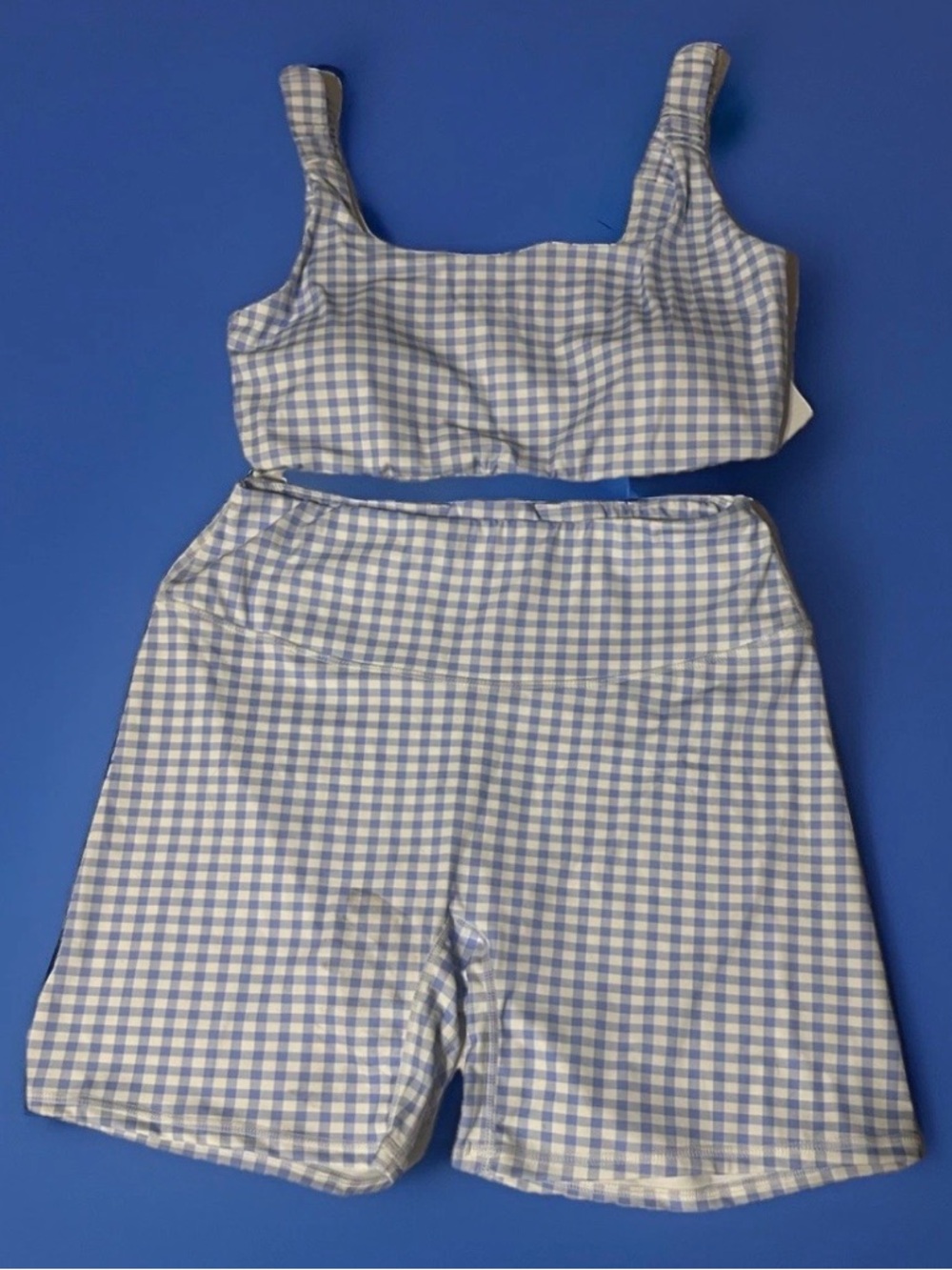 Amazon Blue and White Gingham Bike Shorts Set